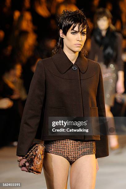 Model walks the runway at the Marc Jacobs Autumn Winter 2013 fashion show during New York Fashion Week on February 14, 2013 in New York, United...