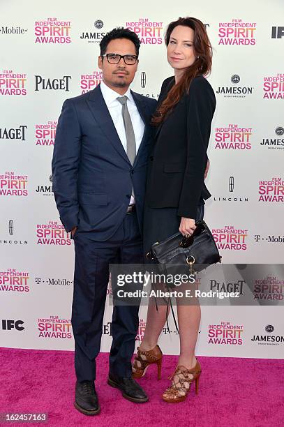 Actors Michael Pena and Brie Shaffer attend the 2013 Film Independent Spirit Awards at Santa Monica Beach on February 23, 2013 in Santa Monica,...