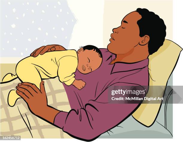 baby sleeping on father's chest - baby lying on back stock illustrations