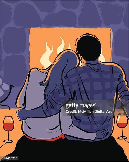 couple cuddling in front of fireplace - romantic couple back stock illustrations