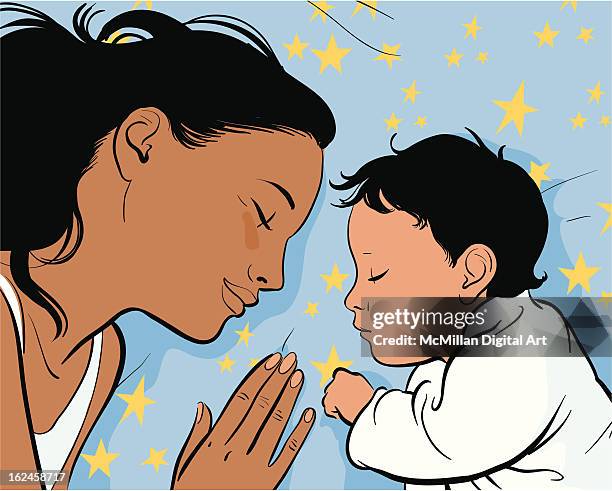 mother and baby sleeping side-by-side - boys bedroom stock illustrations