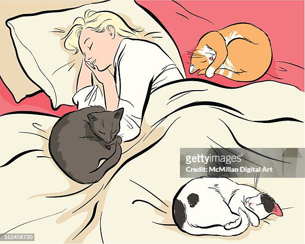 woman and three cats sleeping on bed - interior owner点のイラスト素材／クリップアート素材／マンガ素材／アイコン素材