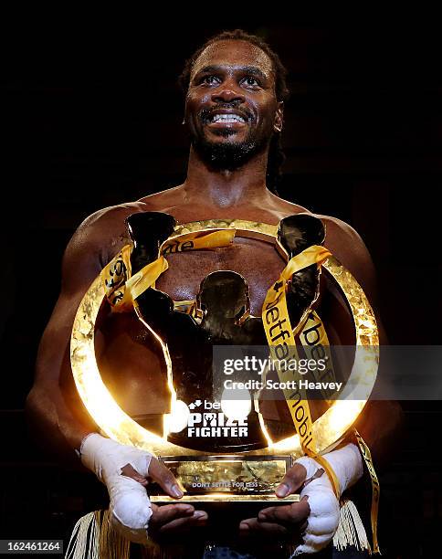 Audley Harrison celebrateswith the trophy after winning the International Heavywarights III betfair Prize Fighter at York Hall on February 23, 2013...