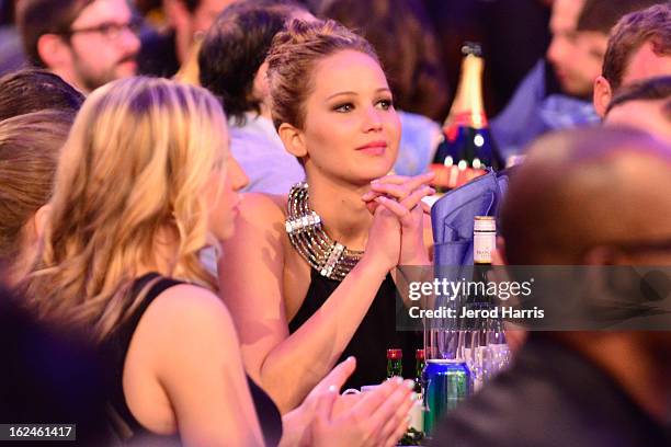 Actress Jennifer Lawrence poses in the Kindle Fire HD and IMDb Green Room during the 2013 Film Independent Spirit Awards at Santa Monica Beach on...