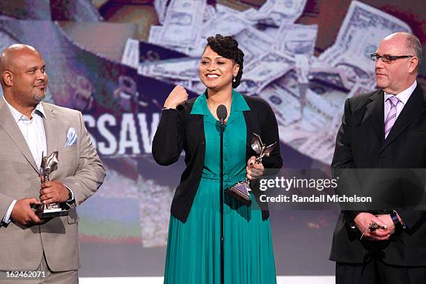 Producer Paul Garnes, writer/director Ava DuVernay, and producer Howard Barish accept the John Cassavetes Award for 'Middle of Nowhere' onstage...