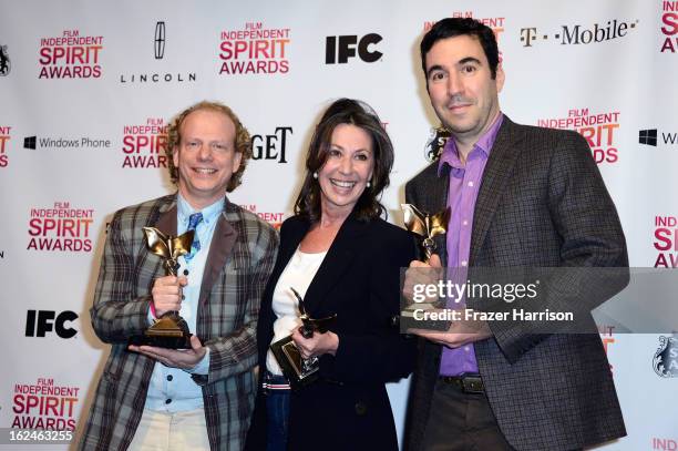 Producers Bruce Cohen, Donna Gigliotti and Jonathan Gordon pose with the Best Feature award for 'Silver Linings Playbook' in the press room during...