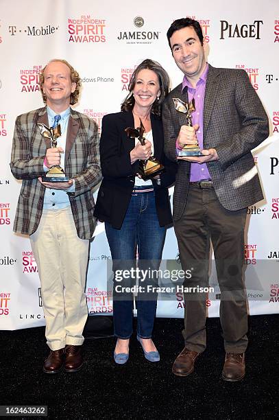 Producers Bruce Cohen, Donna Gigliotti and Jonathan Gordon pose with the Best Feature award for 'Silver Linings Playbook' in the press room during...