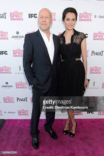 Actor Bruce Willis and Emma Hemming arrive with Jameson prior to the 2013 Film Independent Spirit Awards at Santa Monica Beach on February 23, 2013...
