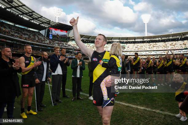 Jack Riewoldt of the Tigers leaves the field after playing his final game during the round 23 AFL match between Richmond Tigers and North Melbourne...