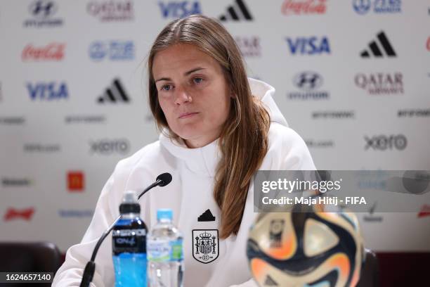 Irene Paredes of Spain speaks to the media during a Spain Press Conference at Stadium Australia on August 19, 2023 in Sydney / Gadigal, Australia.