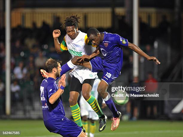 Forward Armani Walker of the Tampa Bay Rowdies battles defender Oumar Diakate of Orlando City in the final round of the Disney Pro Soccer Classic on...