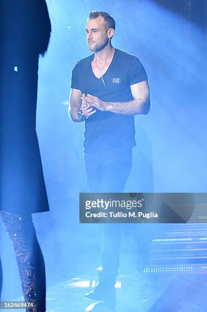 Designer Philipp Plein acknowledges the applause of the audience as he walks the runway at the Philipp Plein fashion show during Milan Fashion Week...