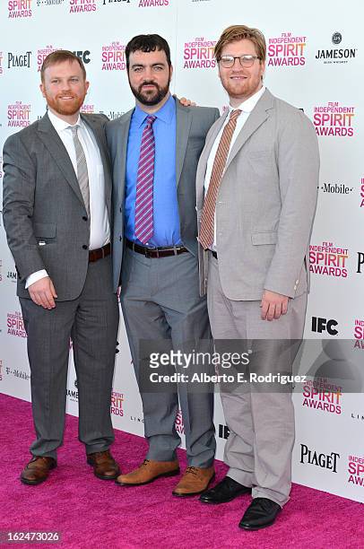 Producers Michael Gottwald, Josh Penn, and Dan Janvey attend the 2013 Film Independent Spirit Awards at Santa Monica Beach on February 23, 2013 in...