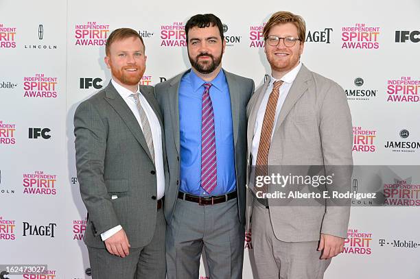 Producers Michael Gottwald, Josh Penn, and Dan Janvey attend the 2013 Film Independent Spirit Awards at Santa Monica Beach on February 23, 2013 in...