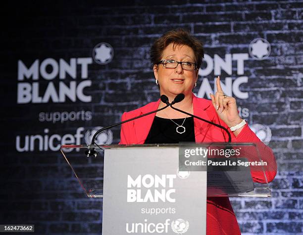 Fund for UNICEF President and CEO Caryl M. Stern wearing Montblanc Star 4810 necklace and earrings speaks at the Pre-Oscar charity brunch hosted by...