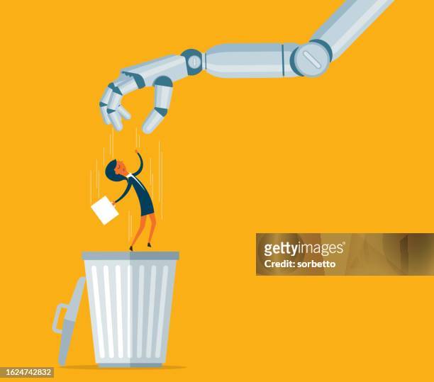 giant robot throwing businesswoman in a trash - e waste stock illustrations
