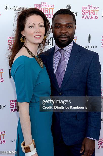 Actors Jessica and David Oyelowo with Jameson prior to the 2013 Film Independent Spirit Awards at Santa Monica Beach on February 23, 2013 in Santa...