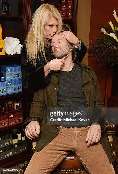 Actor Thomas Jane and actress Peta Wilson pose for a photo at the The Art of Shaving And Bungalow 8 Pre-Oscar Party at Petit Ermitage Hotel on...