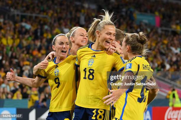 Fridolina Rolfo of Sweden celebrates with teammates after scoring her team's first goal during the FIFA Women's World Cup Australia & New Zealand...