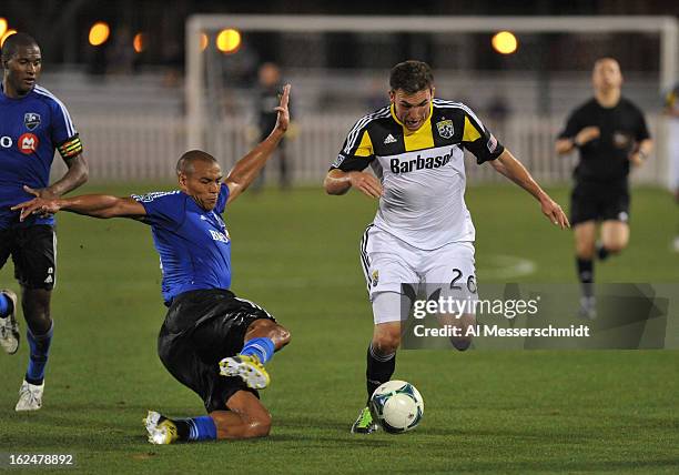 Defender Reed Matte of the Columbus Crew runs upfield against the Montreal Impact in the final round of the Disney Pro Soccer Classic on February 23,...