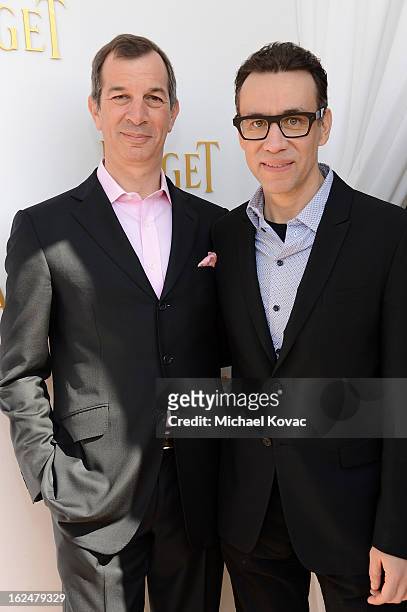 Philippe Leopold-Metzger, Piaget CEO and actor Fred Armisen pose in the Piaget Lounge during The 2013 Film Independent Spirit Awards on February 23,...