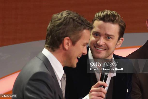 Markus Lanz and Justin Timberlake attend 'Wetten dass..?' from Friedrichshafen on February 23, 2013 in Friedrichshafen, Germany.