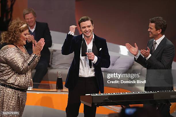 Cindy aus Marzahn, Justin Timberlake and Markus Lanz attend 'Wetten dass..?' from Friedrichshafen on February 23, 2013 in Friedrichshafen, Germany.