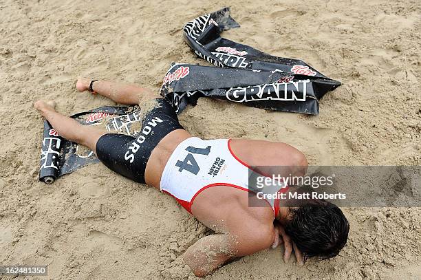 Christopher Moors looks dejected during the Noosa Heads round of the 2012-13 Kelloggs Nutri-Grain Ironman Series on February 24, 2013 in Noosa,...