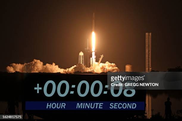Crew-7 mission launches on a SpaceX Falcon 9 rocket with the company's Dragon spacecraft from Launch Complex 39A at the Kennedy Space Center in Cape...