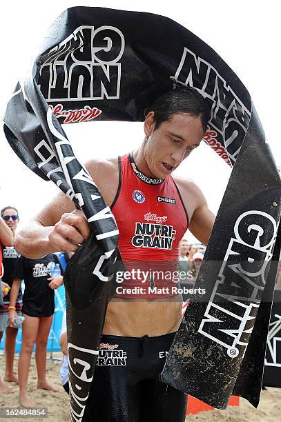 Alastair Day celebrates winning the Noosa Heads round of the 2012-13 Kelloggs Nutri-Grain Ironman Series on February 24, 2013 in Noosa, Australia.