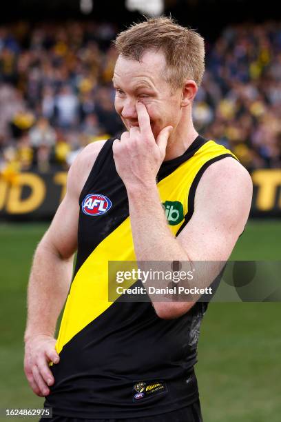 Jack Riewoldt of the Tigers wipes a tear from his eye after the round 23 AFL match between Richmond Tigers and North Melbourne Kangaroos at Melbourne...