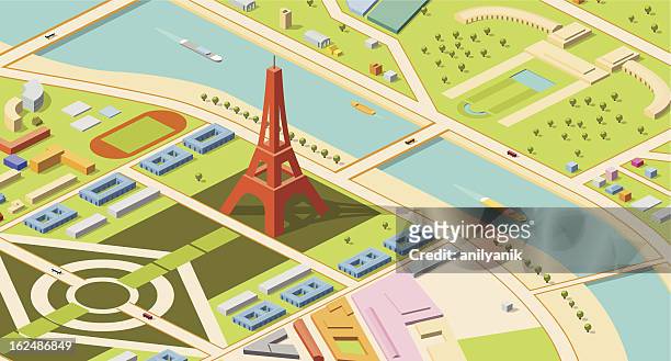 ilustraciones, imágenes clip art, dibujos animados e iconos de stock de isométricos mapa de la torre eiffel y entorno - bridge