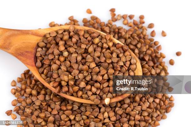 uncooked buckwheat on wooden spoon - boekweit stockfoto's en -beelden