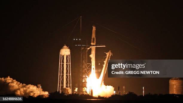 Crew-7 mission launches on a SpaceX Falcon 9 rocket with the company's Dragon spacecraft from Launch Complex 39A at the Kennedy Space Center in Cape...