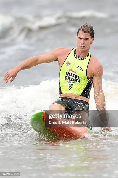 Shannon Eckstein catches a wave in the board leg during the Noosa Heads round of the 2012-13 Kelloggs Nutri-Grain Ironman Series on February 24, 2013...