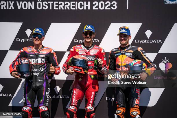 MotoGP Top3 riders at parc ferme with Maverick Viñales of Spain and Aprilia Racing , Francesco Bagnaia of Italy and Ducati Lenovo Team and Brad...