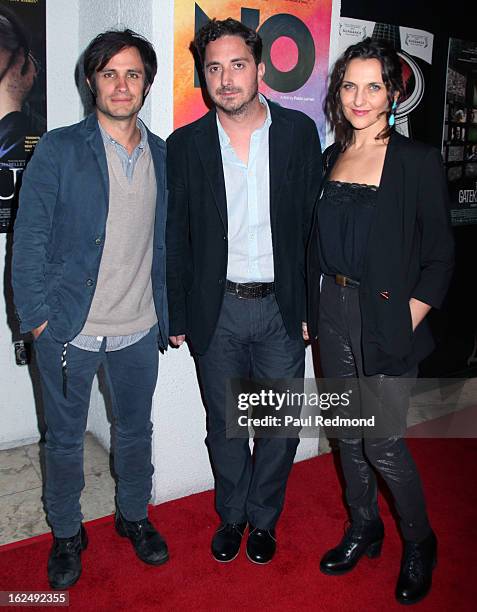 Actor Gael Garcia Bernal, director Pablo Larrain and actress Antonia Zegers attend Sony Pictures Classics Pre-Oscar Dinner at The London Hotel on...