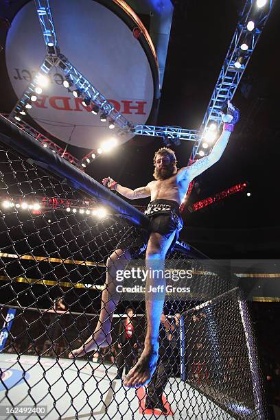 Michael Chiesa celebrates following his UFC Lightweight victory over Anton Kuivanen of Finland at Honda Center on February 23, 2013 in Anaheim,...