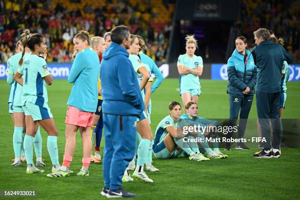 Australia players look dejected after the team's defeat in the FIFA Women's World Cup Australia & New Zealand 2023 Third Place Match match between...