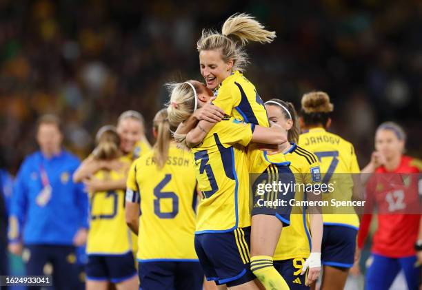 Stina Lennartsson and Amanda Ilestedt of Sweden celebrate the team’s victory following the FIFA Women's World Cup Australia & New Zealand 2023 Third...