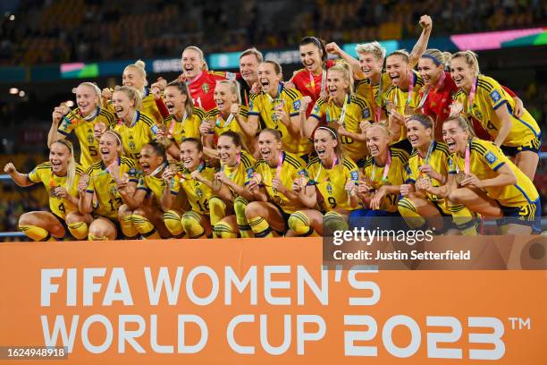 Sweden players celebrate with their third place medals following their sides victory following the FIFA Women's World Cup Australia & New Zealand...
