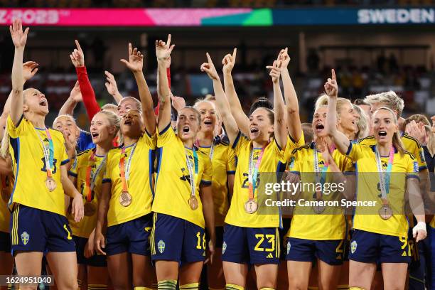 Sweden players celebrate with their third place medals following their sides victory in the FIFA Women's World Cup Australia & New Zealand 2023 Third...