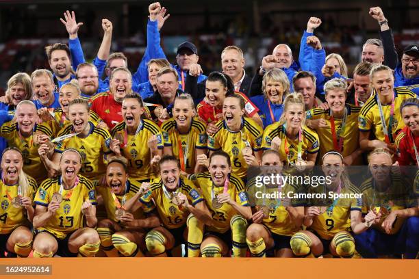 Sweden players celebrate with their third place medals following their sides victory in the FIFA Women's World Cup Australia & New Zealand 2023 Third...