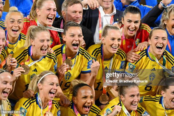 Sweden players celebrate with their third place medals following their sides victory in the FIFA Women's World Cup Australia & New Zealand 2023 Third...