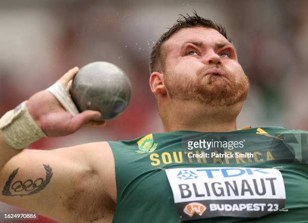 Kyle Blignaut of Team South Africa competes in the Men's Shot Put Qualification during day one of the World Athletics Championships Budapest 2023 at...
