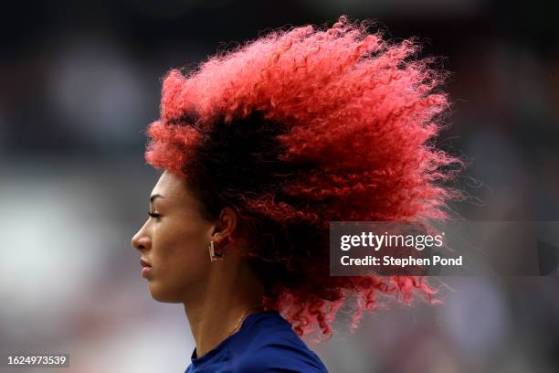 Taliyah Brooks of Team Untied States reacts prior to Heat 3 of the Heptathlon - Women's 100m Hurdles during day one of the World Athletics...