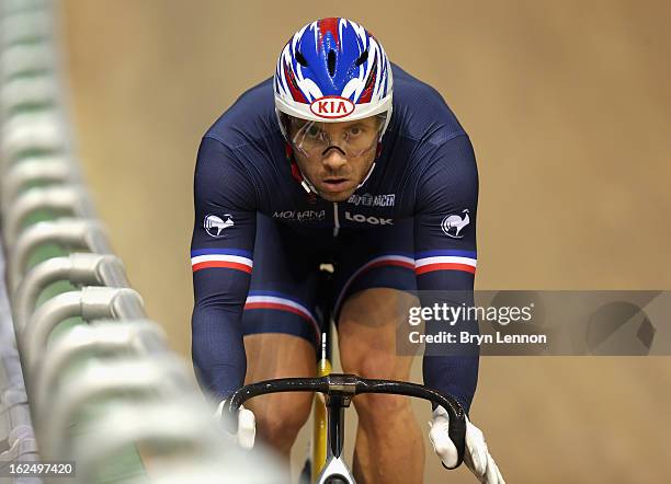 Francois Pervis of France rides during qualifying for the Men's Sprint on day four of the 2013 UCI Track World Championships at the Minsk Arena on...