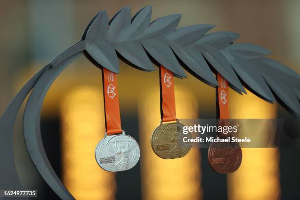 Gold, silver and bronze medals are seen during day one of the World Athletics Championships Budapest 2023 at National Athletics Centre on August 19,...