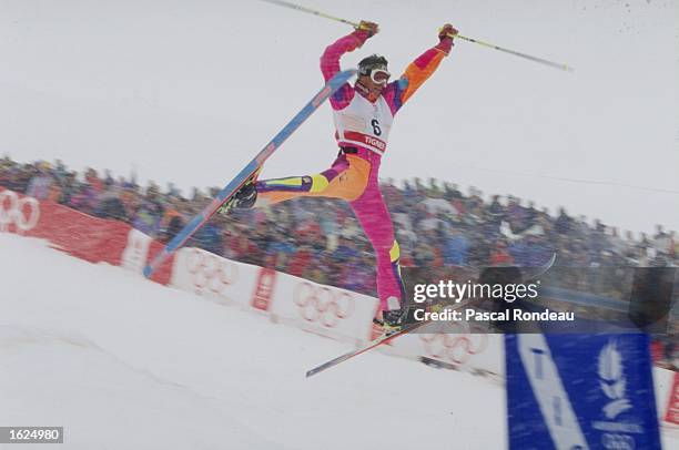 Jurg Biner of Switzerland at full stretch after a jump in the Mens Freestyle Moguls event at the 1992 Winter Olympic Games in Albertville, France. \...