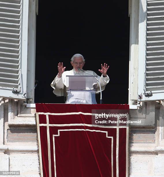 Pope Benedict XVI delivers his last Angelus Blessing from the window of his private apartment to thousands of pilgrims gathered in Saint Peter's...